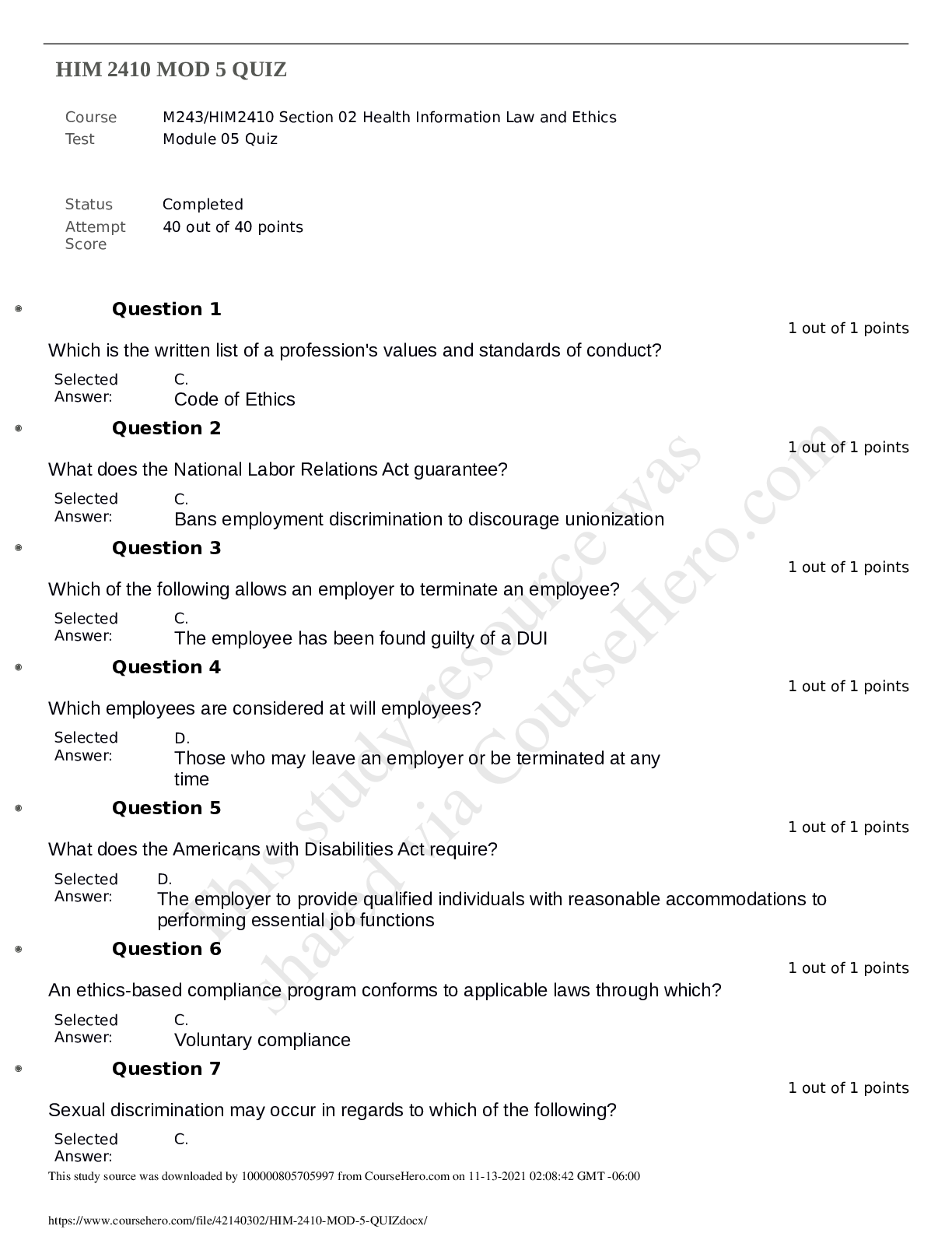 Preview of HIM2410 Module 5 Quiz 5
